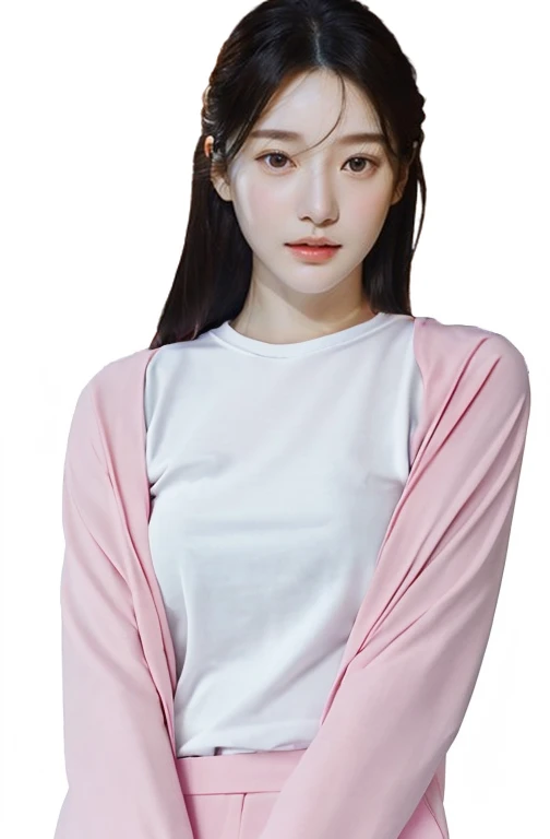 pink women's suit, white t-shirt