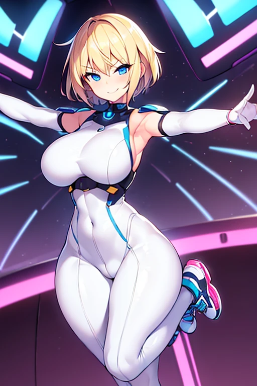 1girl, , wide hips, large breastse hair, very short hair, blue eyes, smile, smirk, smug, bodysuit, white bodysuit, futuristic, science-fiction, tech, neon, neon trim, incoming hug, outstretched arms, shoes, sneakers, pantyhose, blantyhose