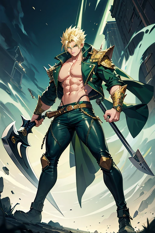 Highly detailed, (masterpiece), best quality, expressive eyes, perfect face, 1man, Long Spiky Green Raising Hair, Super Saiyan Green hair, green eyes, Bulky Body Builder Masculine body, Green leather Jacket & Jeans, Holding a Gigantic Battle Axe Spear Hammer, combat boots, full body, back view