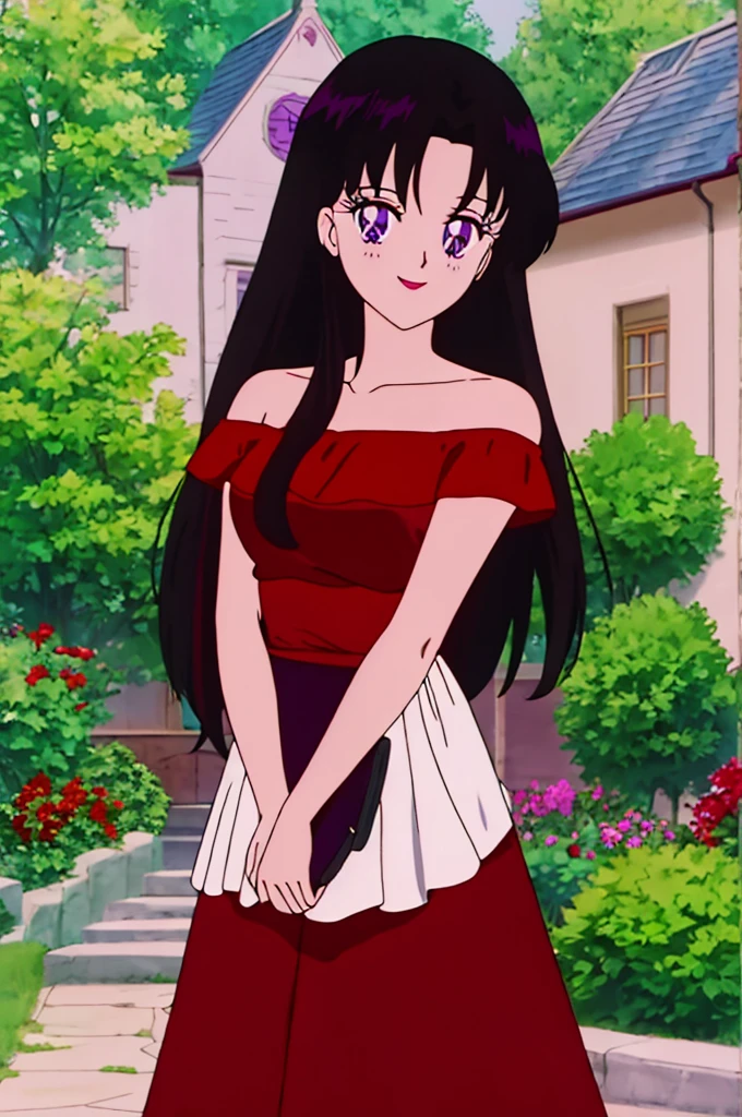 anime screencap, garden background, outside, sunny day, 1 girl, solo, hand on the sides, long hair, black hair, purple eyes, beautiful details eyes, red dress, red Ruffle Off-the-Shoulder Top, red Off-the-Shoulder Dress, Strapless red maxi Dress, bare arms, longer skirt, sleeveless, bare shoulders, smile, standing up, looking at viewer, high quality, masterpiece