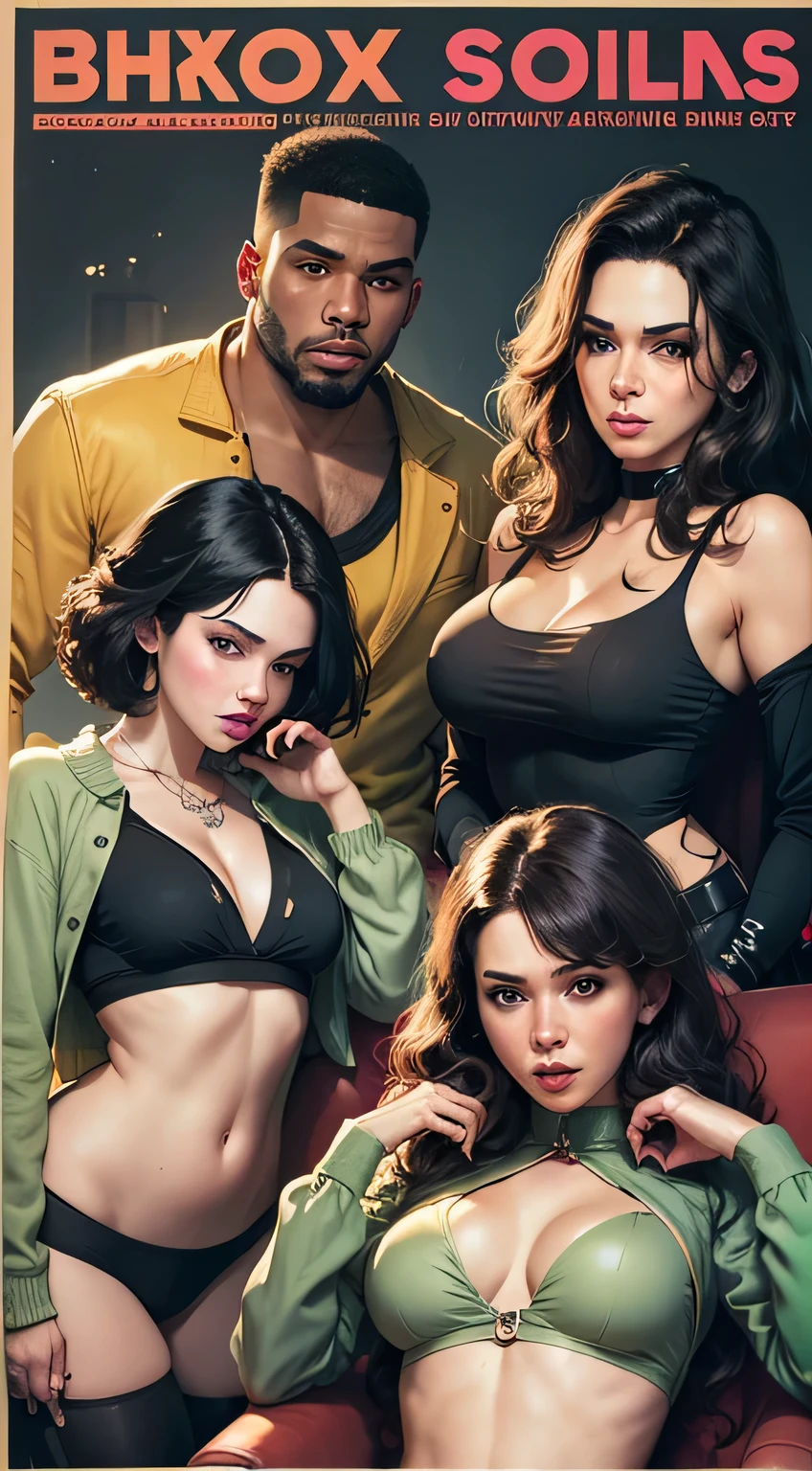 cartoon of a group of black men and a woman sitting on a couch, art cover illustration, full color illustration, art gta 5 comics, deviant art, high quality fanart, cover illustration, bara, artists rendition, commission for high res, comic cover art, published art, art cover, comic artwork, realistic cartoon, furious dark haired women, fan art, commission for