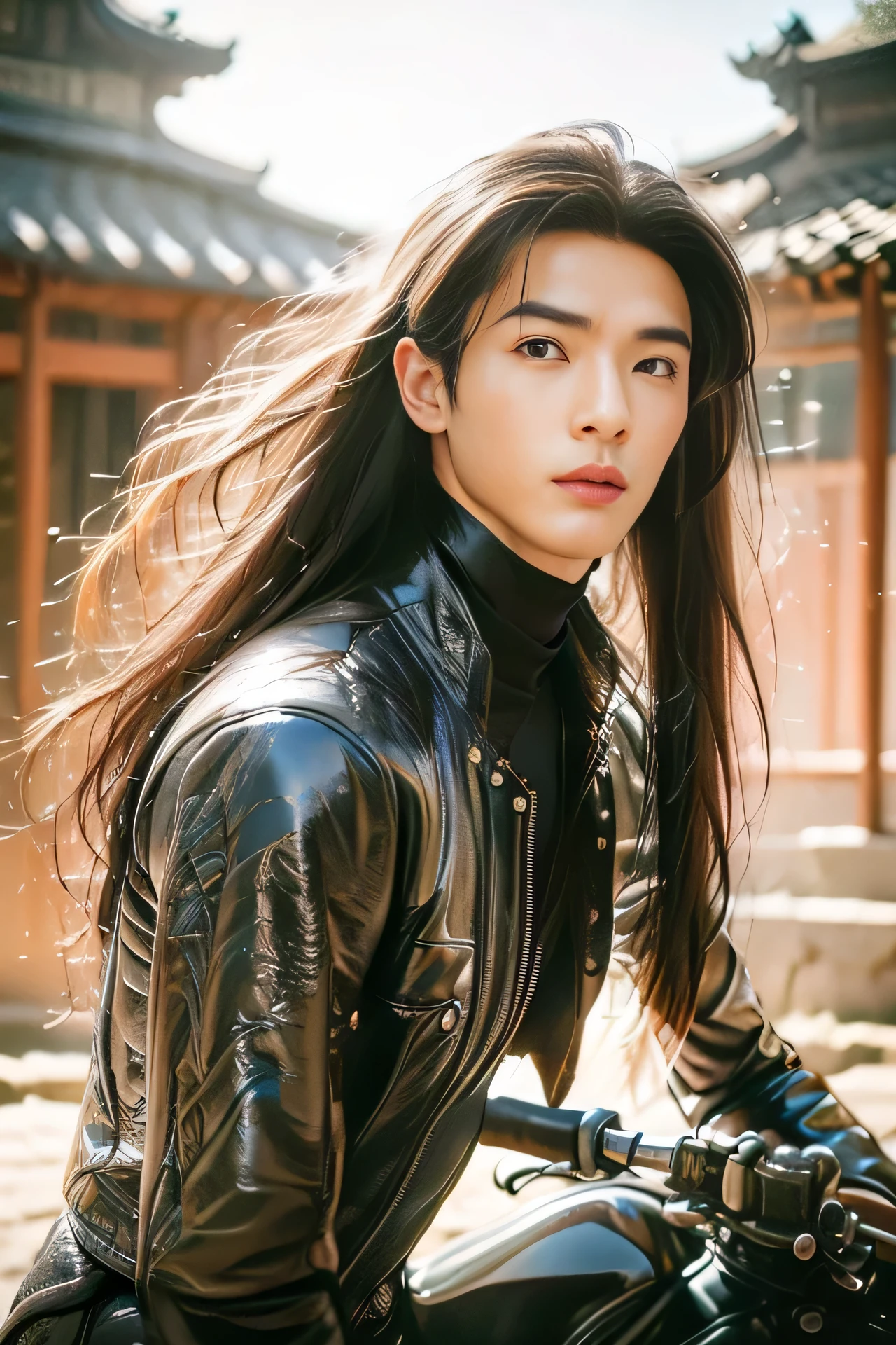 A 21-year-old Asian man,Thick eyebrows, handsome face,Men's full body ,the background is an ancient Chinese town,full moon,Pavilions and arch bridges,The limbs have pronounced muscle lines,high-definition photography,Real-world scenarios,Lots of detail, wearing black leather jacket, black jeans, black turtleneck shirt, magic, ((long hair)), looking into the distance, devilish gaze, riding a motorcycle