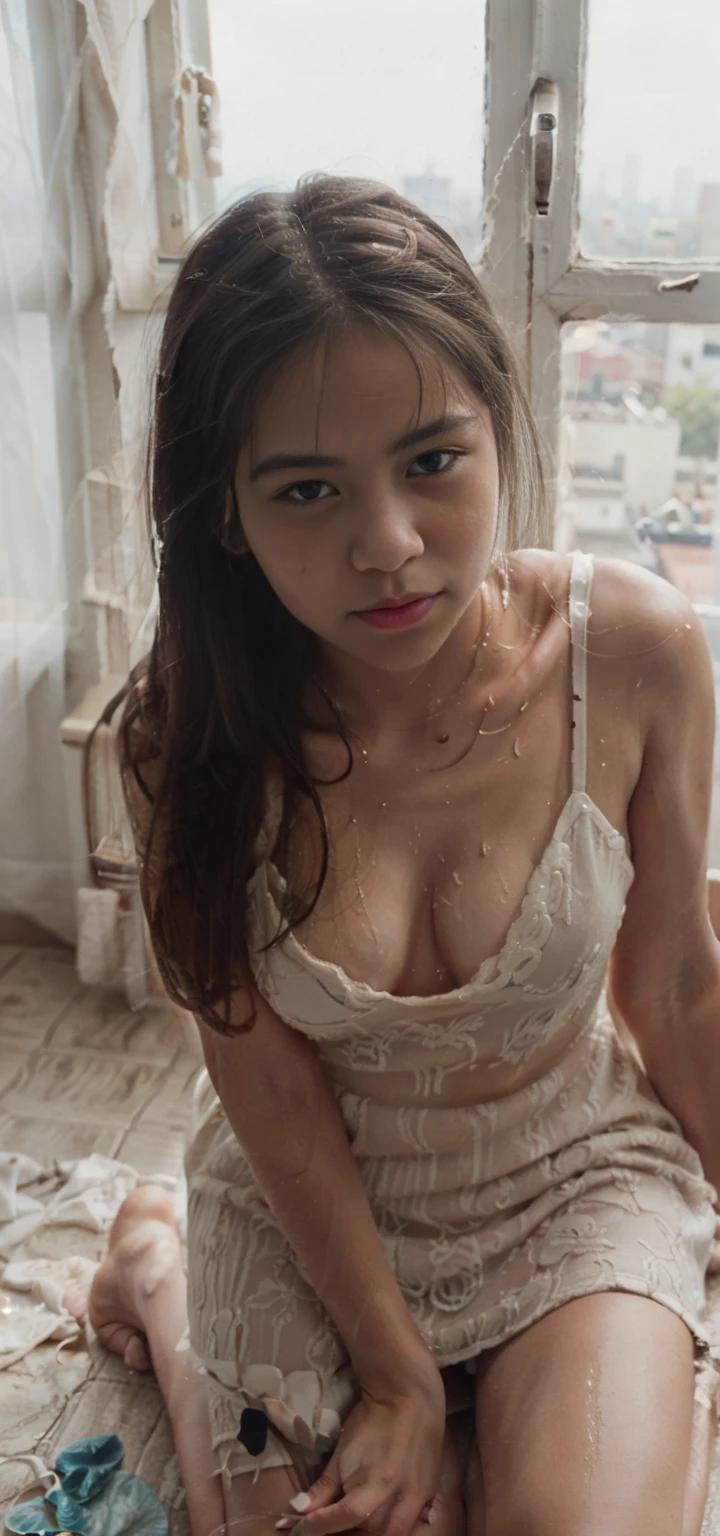 1girl, Realistic Chinese pretty age girl,16-years old,black long hair, Sleeveless white colour lace night dress,erotic, small breast,sweat, greasy, kneeling on ground, from above, point of view, POV, High Angle, looking up to the camera,eye contact, sweat on body,
sweat body, sweat breasts, greasy body, greasy breasts, kneel and look up to me,beside the window