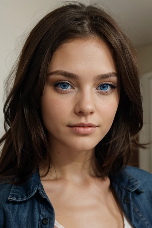 realistic , hight quality , sexy girl cute face , brunette with blue eyes , attractive , realistic HD blonde fluffy hair ; model girl