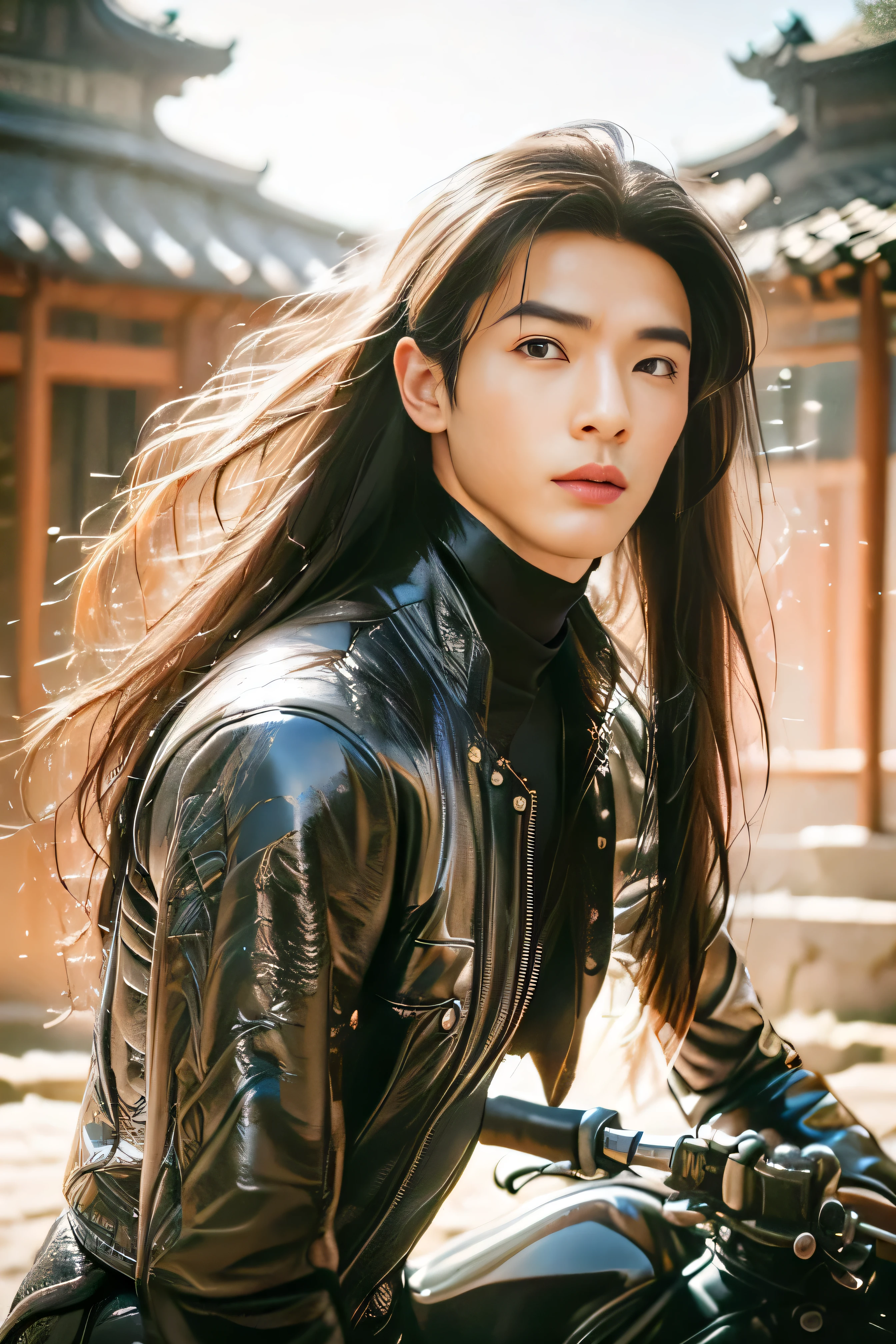 A 21-year-old Asian man,Thick eyebrows, handsome face,Men's full body ,the background is an ancient Chinese town,full moon,Pavilions and arch bridges,The limbs have pronounced muscle lines,high-definition photography,Real-world scenarios,Lots of detail, wearing black leather jacket, black jeans, black turtleneck shirt, magic, ((long hair)), looking into the distance, devilish gaze, riding a motorcycle