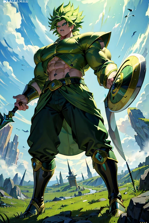 Highly detailed, (masterpiece), best quality, expressive eyes, perfect face, 1man, Long Spiky Green Raising Hair, Super Saiyan Green hair, green eyes, Bulky Body Builder Masculine body, Green leather Jacket & Jeans, Holding a Gigantic Battle Axe Spear Hammer, combat boots, full body, back view