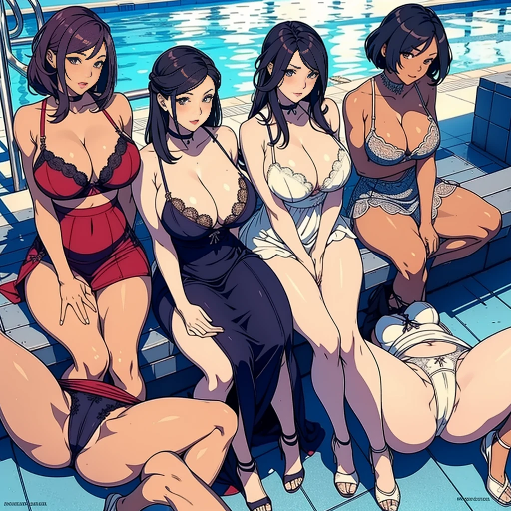 multiple thick body females standing side by side at the pool daytime, all females wearing long open slit dress, partially panties exposed underneath dress, all females wearing different style lace pattern bra and panties underneath dress, some females spread their legs showing panties to camera, ((spread her legs))