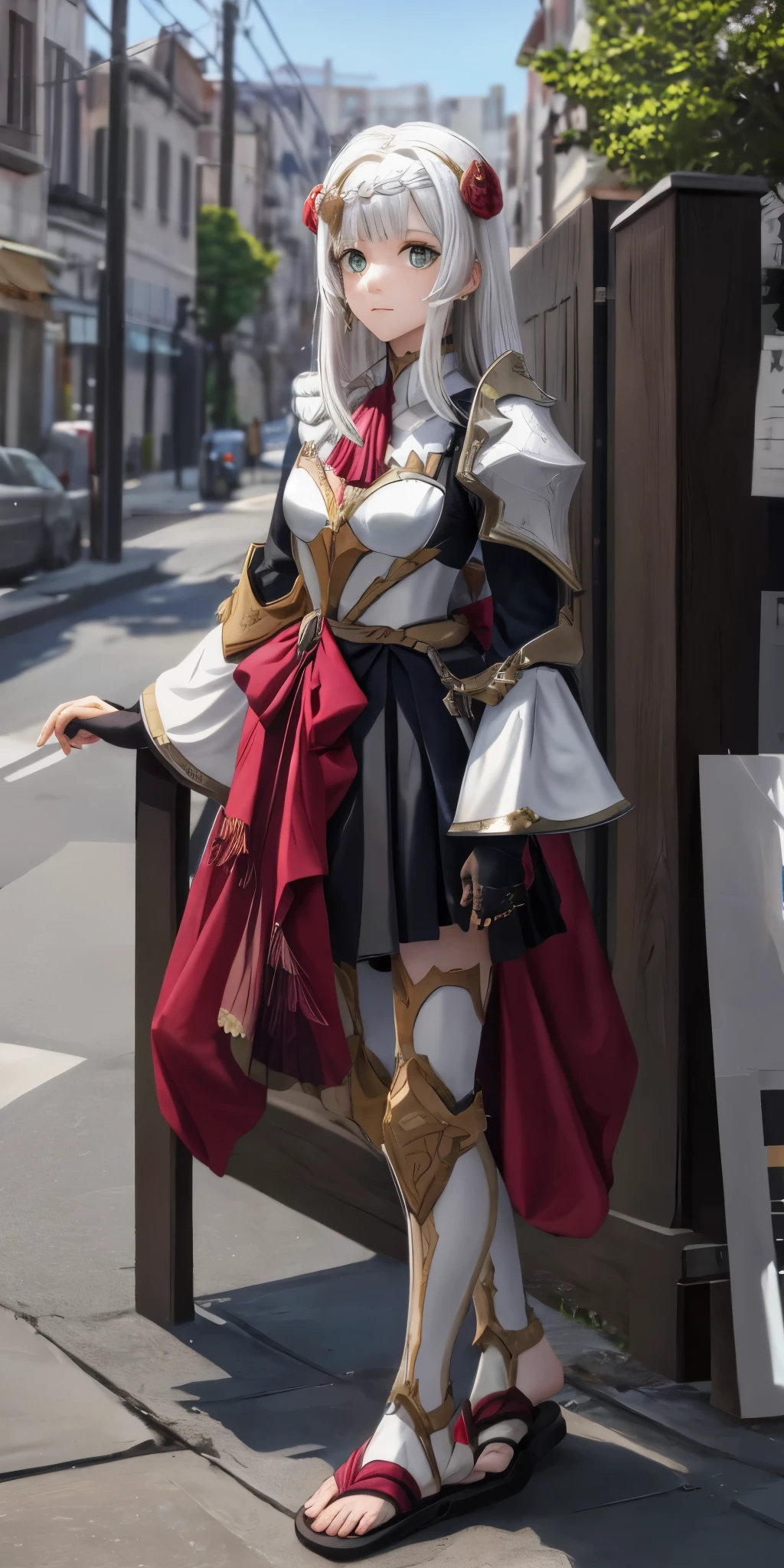 Female, standing, straight, long_hair, messy_hair, white_hair, kimono with armor, metal sandals