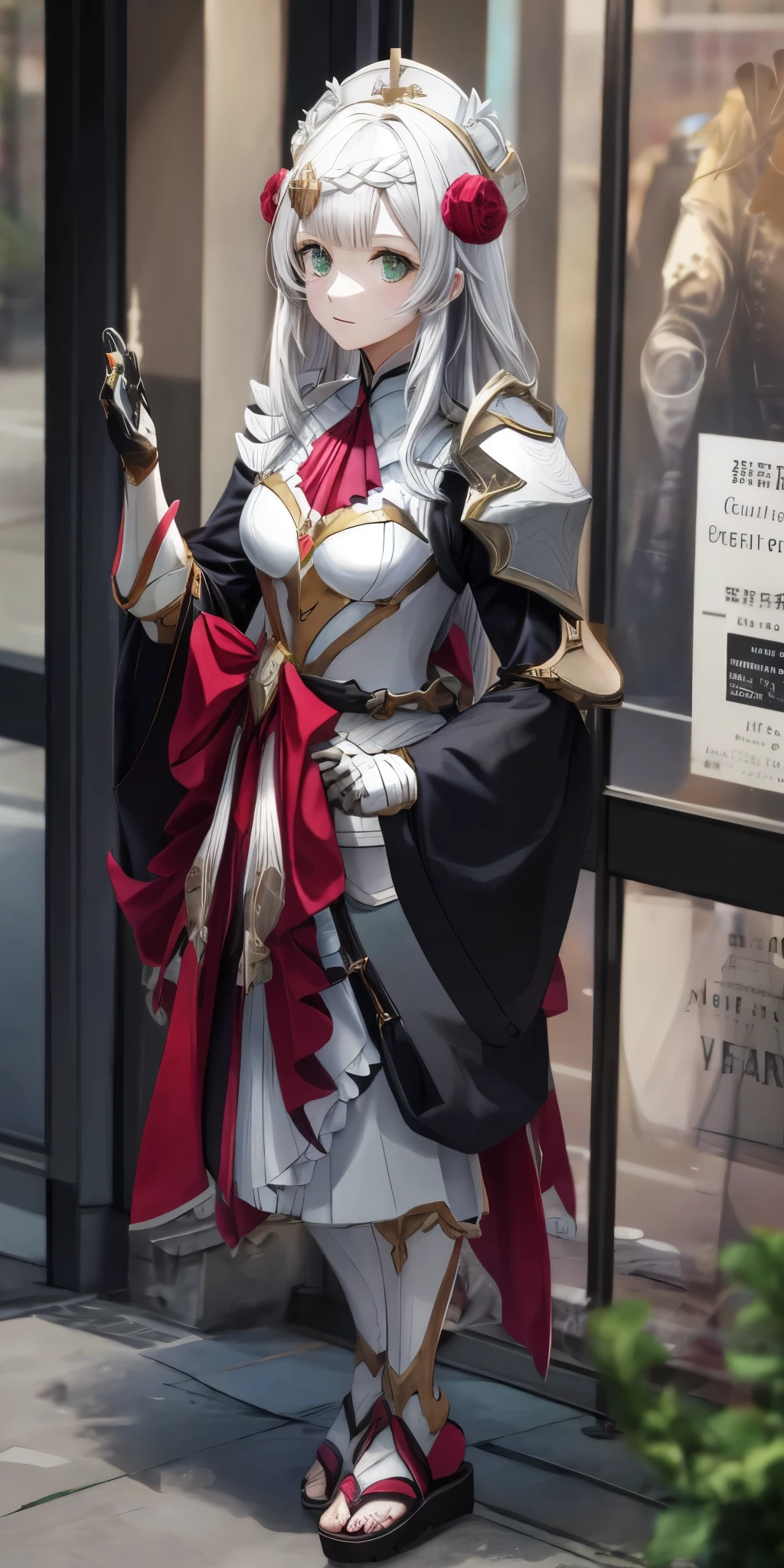 Female, standing, straight, long_hair, messy_hair, white_hair, kimono with armor, metal sandals
