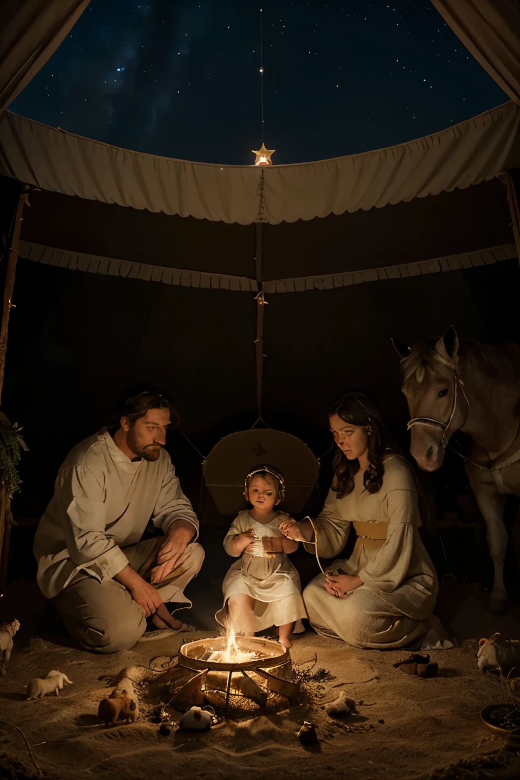 a drawing that shows the The scene depicts the birth of Jesus Christ in a manger, with Saint Joseph and Our Lady at his side, emanating an aura of serenity and reverence. The scene takes place under a tent, providing a welcoming shelter for the Holy Family and the animals present.

Around the manger, animals such as sheep, donkeys and cows are present, witnessing the special moment. The soft, heavenly light illuminates the scene, highlighting the figure of Baby Jesus and creating an atmosphere of peace and hope.

Saint Joseph and Our Lady observe the newborn with love and devotion, while the animals share the space with calm and serenity. Stars shine in the night sky, symbolizing the uniqueness and divinity of this sacred event.
