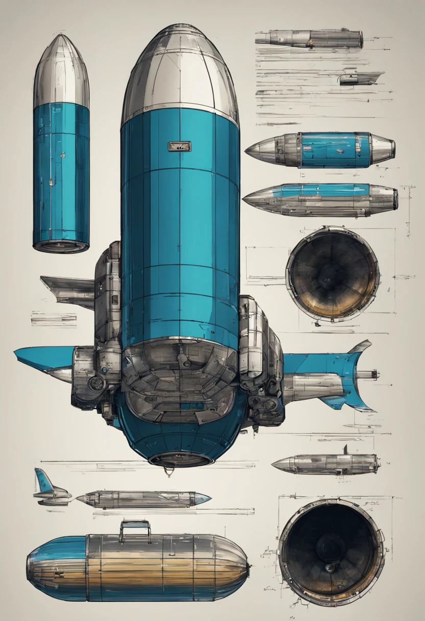 (detailed,high quality)Blueprints of the Barrel bomb, (multicolored,digital)sketch, (bold,slick,clean) design with clean lines, (glossy, metallic finish), (detailed) noueprint-style), (perfect,awesome) composition.
