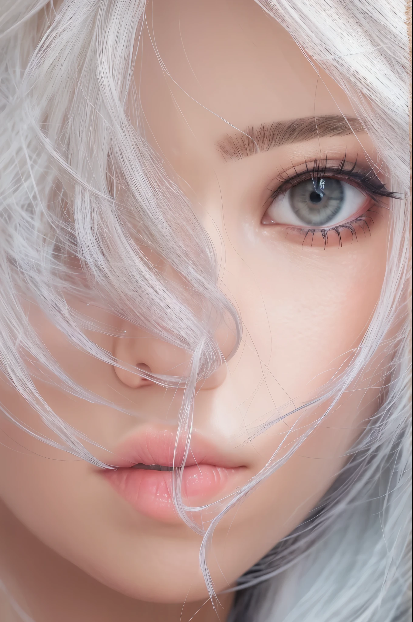 Photorealistic, High resolution, 1 Women, Solo, Beautiful eyes, look at viewr, Close lips, Detailed face, White hair, Long hair, black micro-bikini, thong,slender body shape