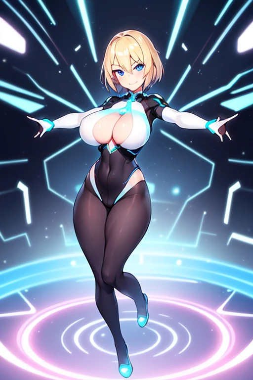 1girl, breasts, wide hips, large breasts, blonde hair, very short hair, blue eyes, smile, smirk, smug, bodysuit, white bodysuit, futuristic, science-fiction, tech, neon, neon trim, incoming hug, outstretched arms, full body, ((full body)), pantyhose, black pantyhose, reaching towards viewer