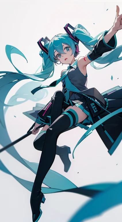 faces (((miku hatsune))) small tits A slender (cool) hiquality (笑faces) arm dynamic Shoulder out Full body painting the feet neck tie a miniskirt thigh high boots Soft colors、Pale shades glowing