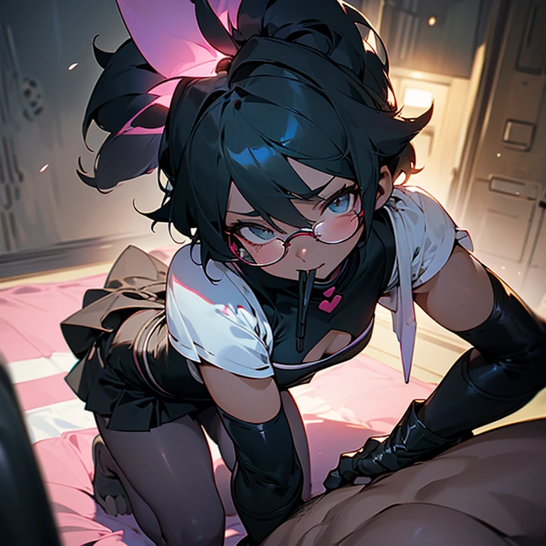 A 20 year old ebony skinned girl giving to a boy. Have the dark skinned girl on es while the boy is standing up. The boy wears a girly pink skirt with his penis peeking fnder it and the girl is sucking it. The boy lusing and feeling nervous as he looks down at her sexually performing on h it an ass shot. Give the girl a big buand big tits. Put glasses on hnd make hnerdy. The noy is the one wearing the skirt, not the girl. Femboy, feminine male, femboy, submissive male, dominant female, reverse rape,