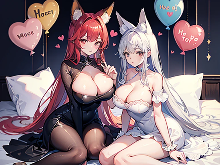 High quality, masterpiece, ultra-detailed, highly detailed outfit, choker, without bra, very tight evening dress, 2 girls, peaceful expression, long hair, fox ears, enchanting shiny eyes, ridiculously large breasts, laying on bed, bedroom, many heart-shaped balloons, large amount of balloons