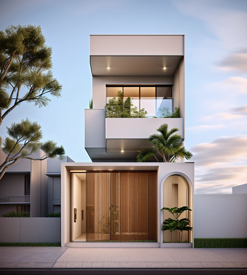 rendering of a modern residential townhouse, professional render, wide angle exterior 2023, highly detailed render, high quality rendering, realistic render, architectural render, high-quality render, detailed rendering, hyper-realistic render, hyper - realistic render, very realistic 3 d render, high render, realistic rendering, very realistic render