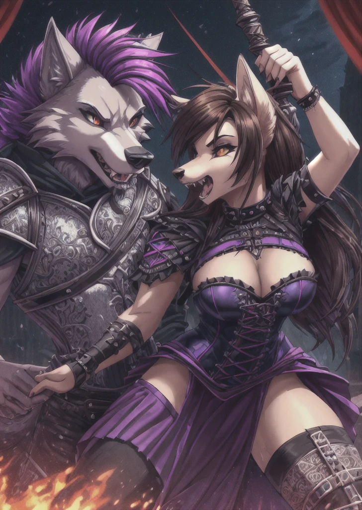 ((best quality, masterpiece, 4k, 8k, high res)), ((furry; Anthro Wolf)), moist, brunette, attacking, ferocious, fangs, full body, female werewolf, sexy, vibrant colors, (edgy punk hairstyle), knight armor, well-toned abs, Victorian dress, goth corset,