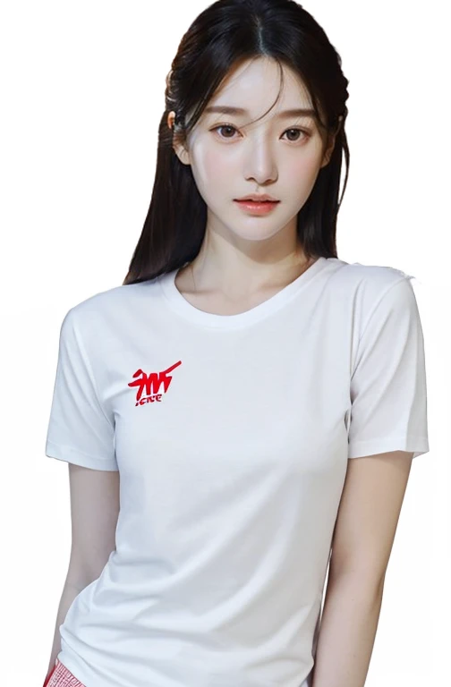 red women's suit, white t-shirt
