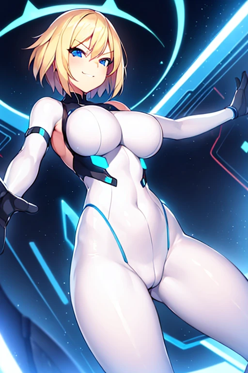 1girl, breasts, wide hips, large breasts, blonde hair, very short hair, blue eyes, smile, smirk, smug, bodysuit, white bodysuit, futuristic, science-fiction, tech, neon, neon trim, incoming hug, outstretched arms, pantyhose, black pantyhose, reaching towards viewer