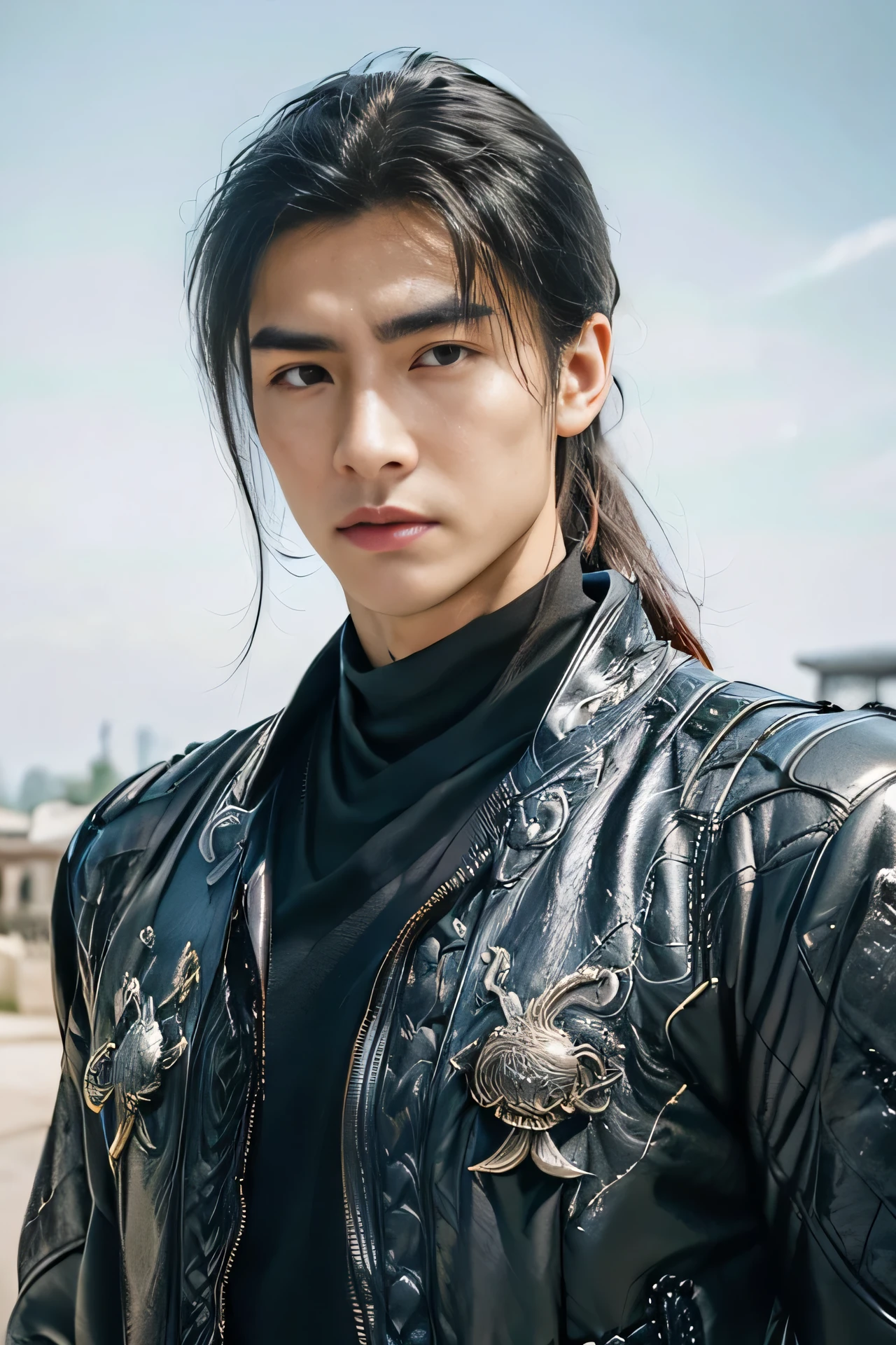 A 21-year-old Asian man,Thick eyebrows, handsome face,Men's full body ,the background is an ancient Chinese town,full moon,Pavilions and arch bridges,The limbs have pronounced muscle lines,high-definition photography,Real-world scenarios,Lots of detail, perfect skin, perfect face, wearing black leather jacket, black jeans, black turtleneck shirt, magic, ((long ponytail)), looking into the distance, determined gaze, riding a motorcycle