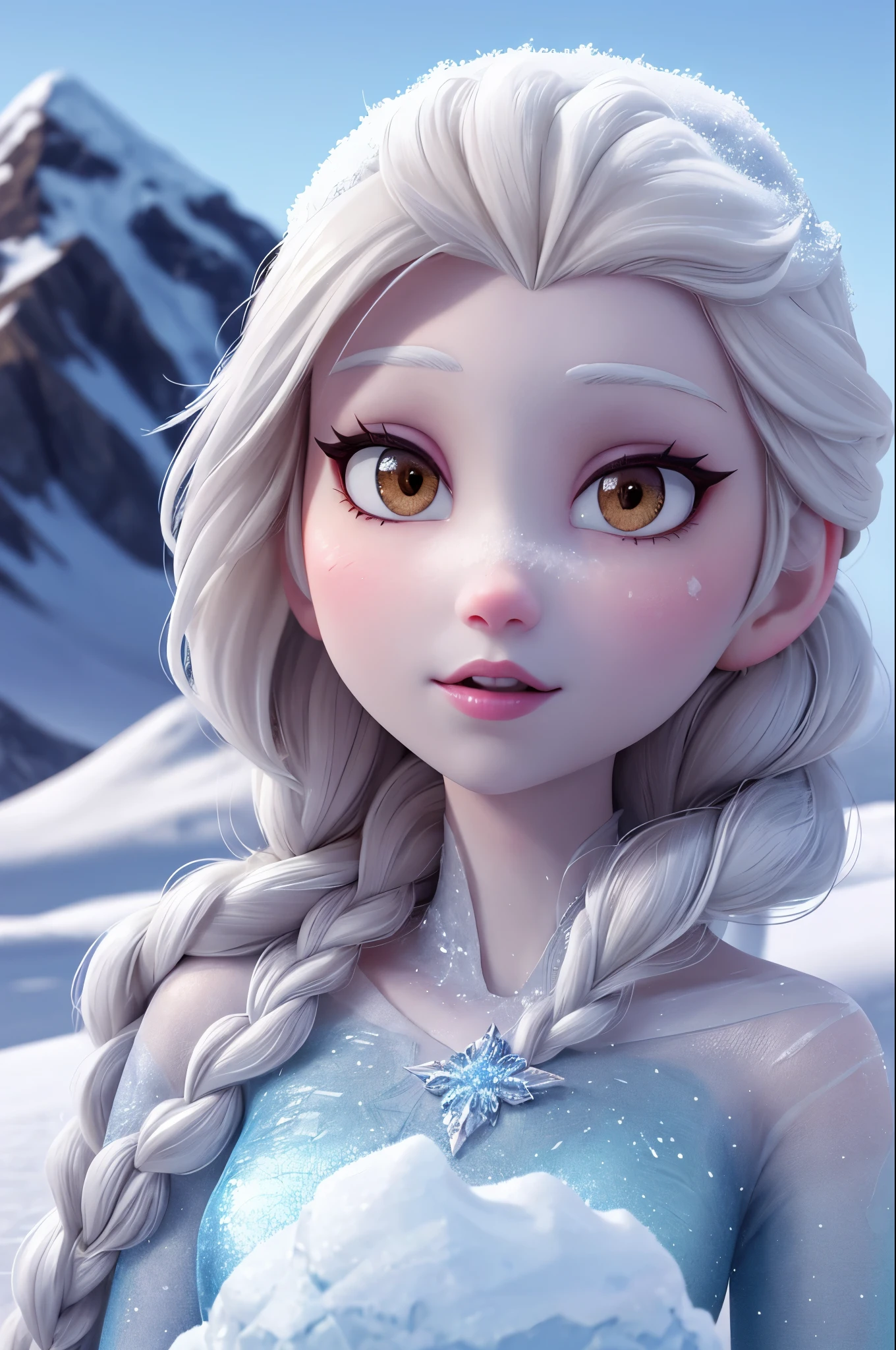 masterpiece, best quality, absurd res, maximum detail, intricate detail, extremely clear, lovely cute adorable (elsa \(frozen\)), character focus, sharp focus, (skin texture, skin pores:1.2), (on a snowy mountain top with an ice castle in background, detailed background:1.2),