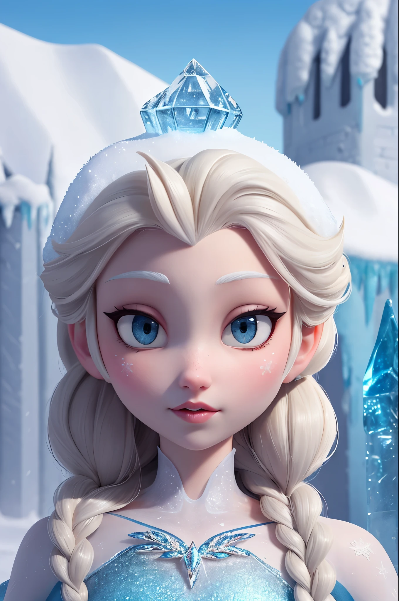 masterpiece, best quality, absurd res, maximum detail, intricate detail, extremely clear, lovely cute adorable (elsa \(frozen\)), character focus, sharp focus, (skin texture, skin pores:1.2), (on a snowy mountain top with an ice castle in background, detailed background:1.2),