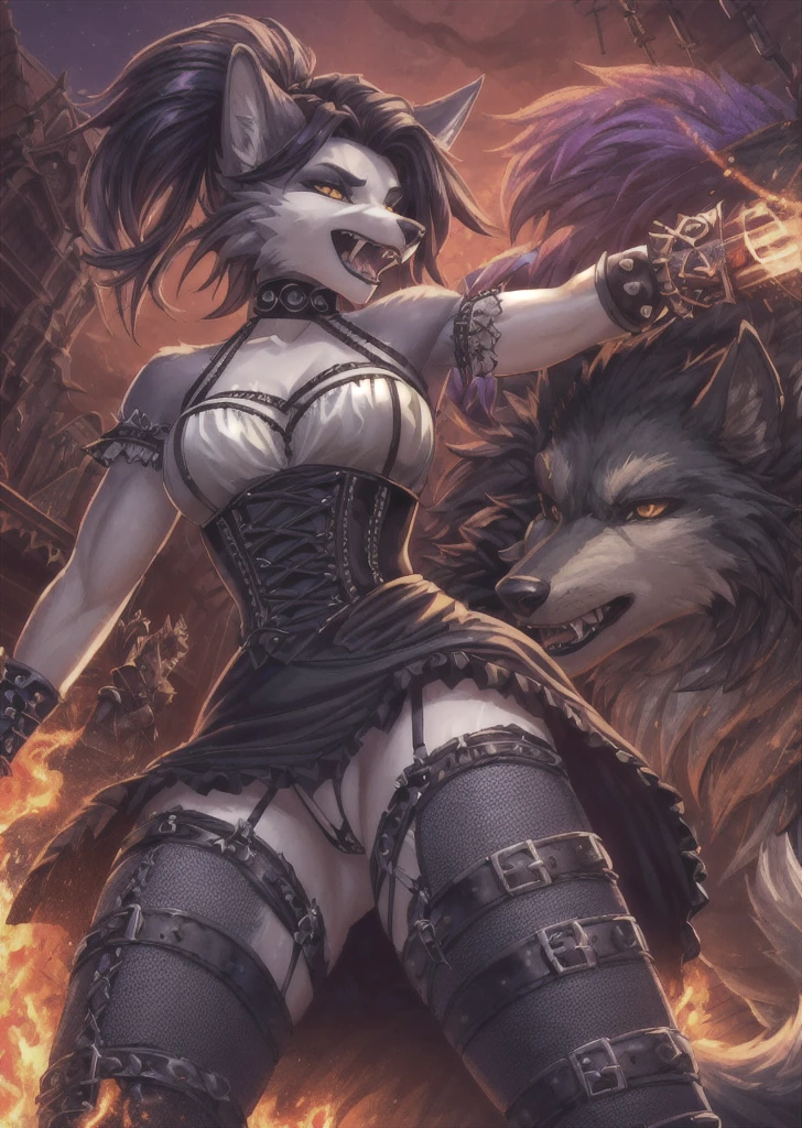 ((best quality, masterpiece, 4k, 8k, high res)), ((furry; Anthro Wolf)), moist, brunette, attacking, ferocious, fangs, full body, female werewolf, sexy, vibrant colors, (edgy punk hairstyle), knight armor, well-toned abs, Victorian dress, goth corset,