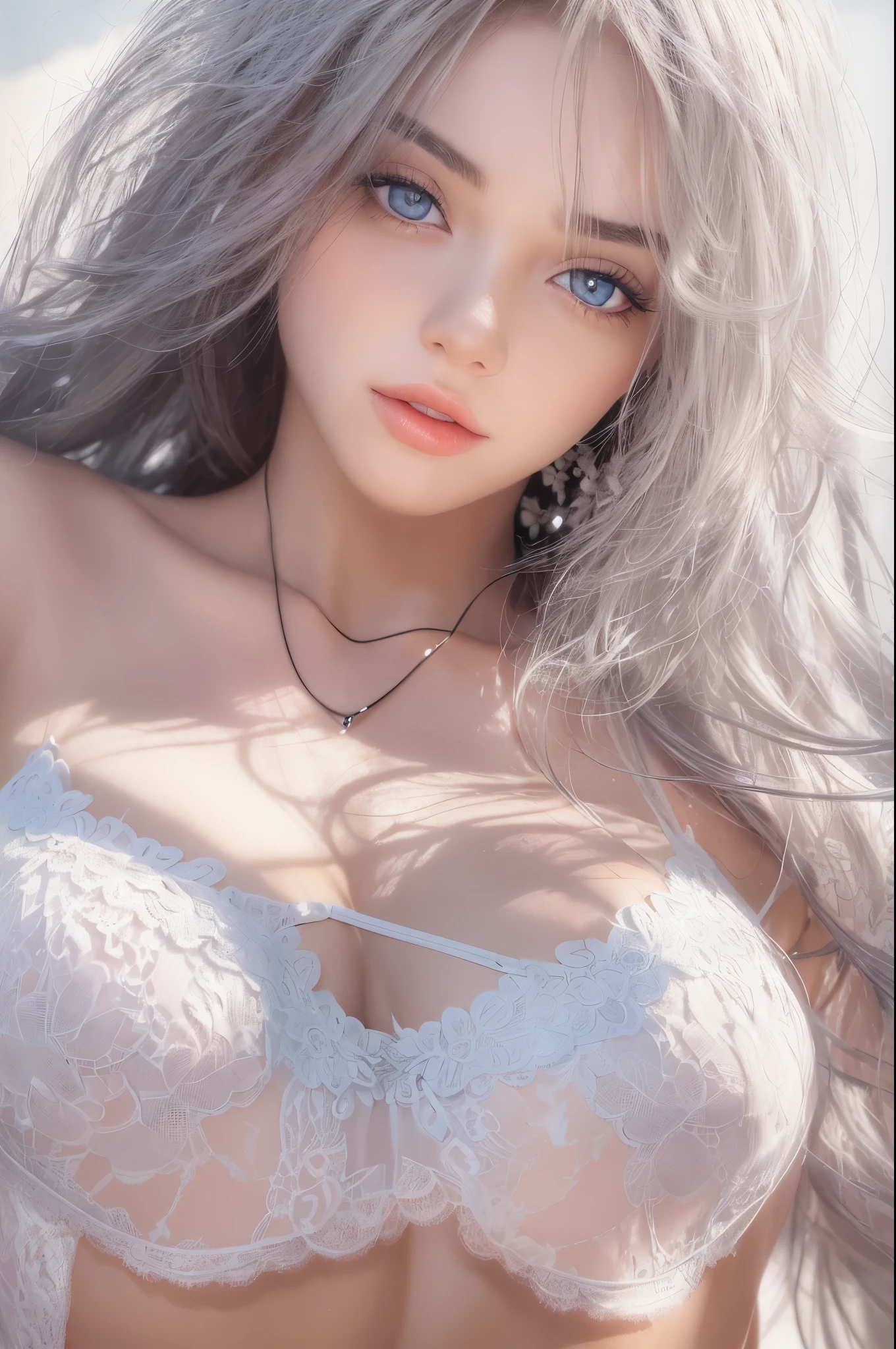 Photorealistic, High resolution, 1 Women, Solo, Beautiful eyes, look at viewr, Close lips, Detailed face, White hair, Long hair, black micro-bikini, thong,slender body shape