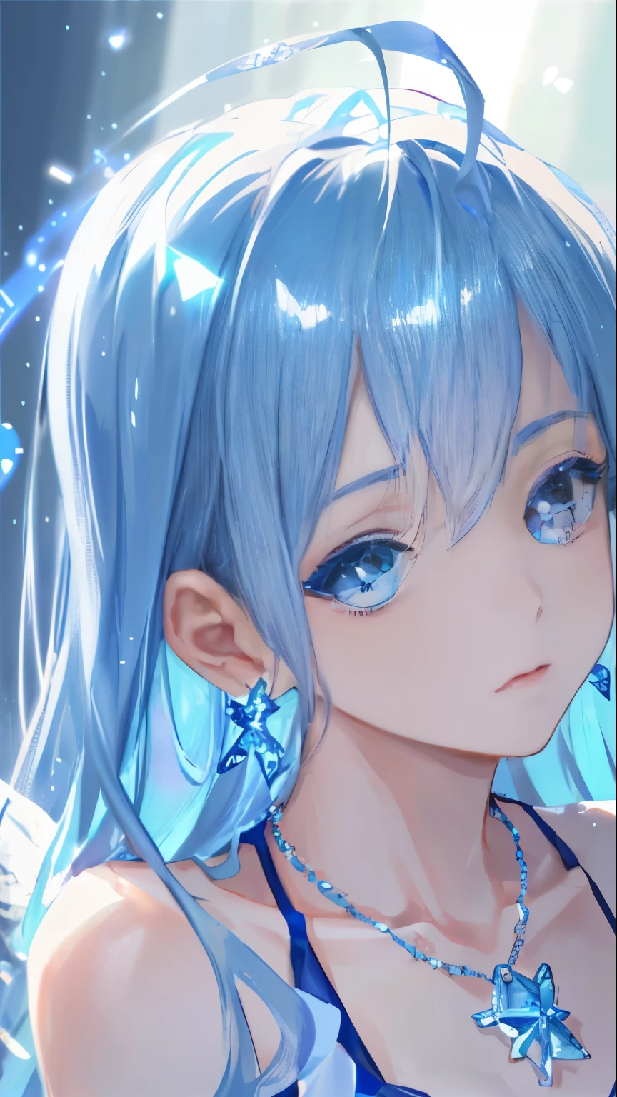 Masterpiece, Best Quality, Illustration, Sax Blue, Platinum Earrings, Platinum Necklace, Blue Dress, 1girl, Cute, (Dynamic Lighting:1.2), Cinematic Lighting, Delicate Facial Features, Detailed Eyes, Sharp Pupils, Realistic Pupils, Depth of Field, Bokeh, Sharp Focus, (Ultra Detailed, Bloom, Glow:1.4), Many Little Jewels,Angel Wings,Beautiful Abs