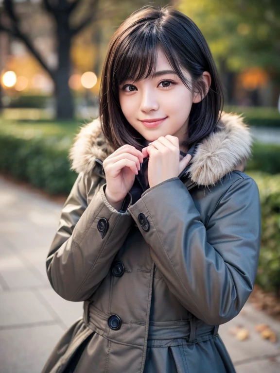 (8k, RAW photo, best quality, masterpiece, ultra detailed:1.2),(realistic, photo-realistic:1.4), upper body shot, (extremely cute Japanese idol:1.2), 20 years old, (detailed skin, detailed face: 1.2), correct hands, sharp focus, SIGMA 85mm f/1.4., depth of field, blur background, bokeh, cinematic lighting, soft light, midnight, pale skin, brown eyes, naughty smile, seductive, kawaii, looking at viewer, short straight black hair, gray parka, winter coat, random pose, long skirt, park, finger tip