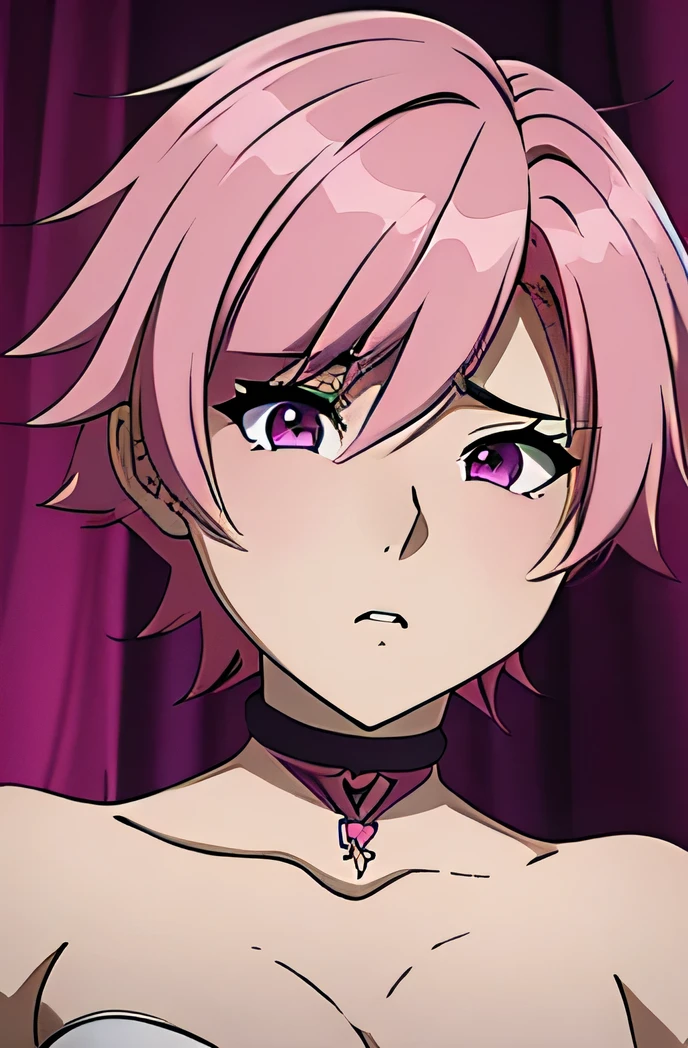 here is a cartoon picture of feminine boy with short pink hair, an anime drawing by Ei-Q, pixiv contest winner, gothic art, anime moe artstyle, 1 7 - year - old anime, anime style portrait, in an anime style, demon femboy, flat anime style, cute, lewd crossdresser