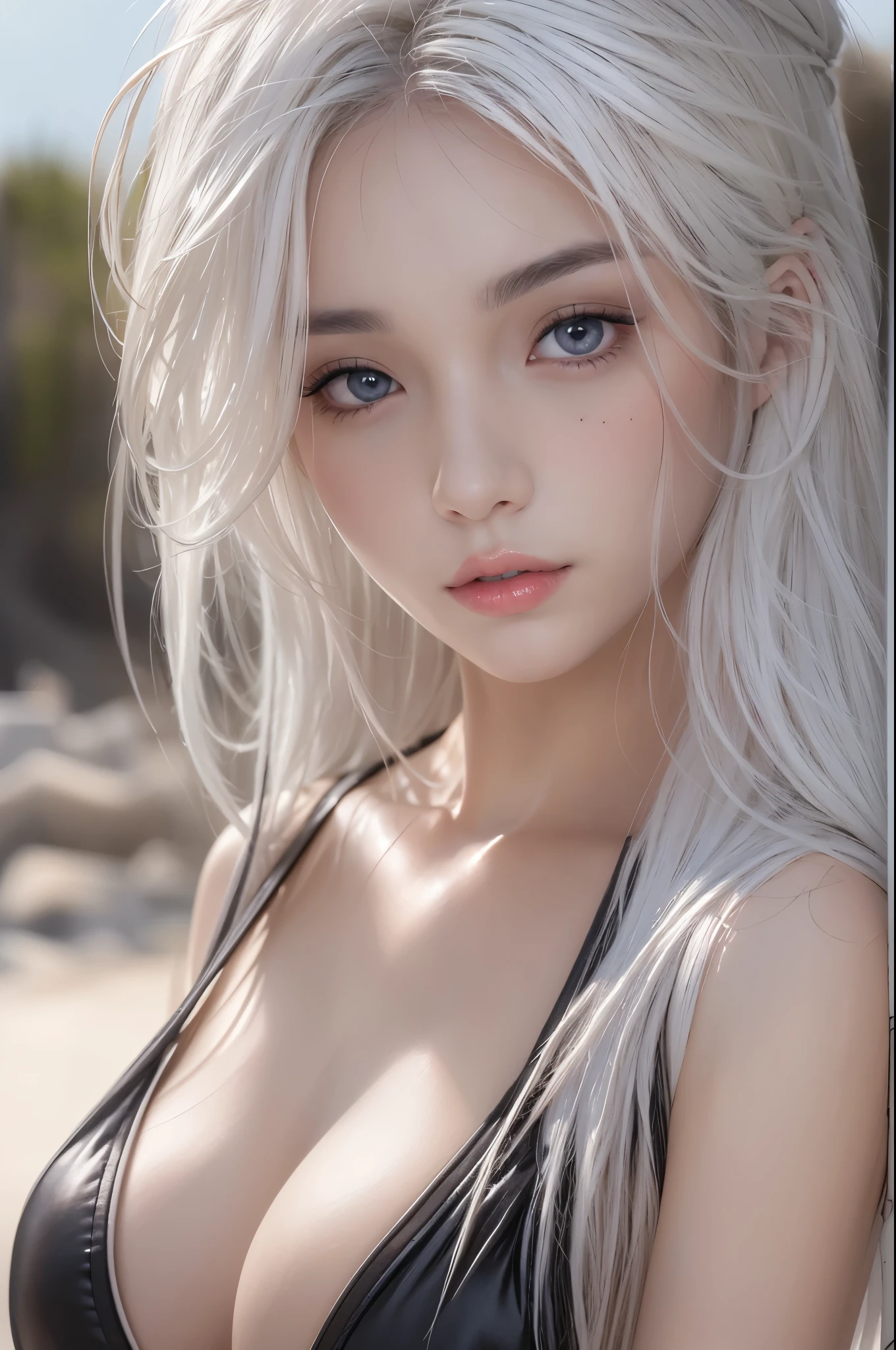 Photorealistic, High resolution, 1 Women, Solo, Beautiful eyes, look at viewr, Close lips, Detailed face, White hair, Long hair, black micro-bikini, thong,slender body shape