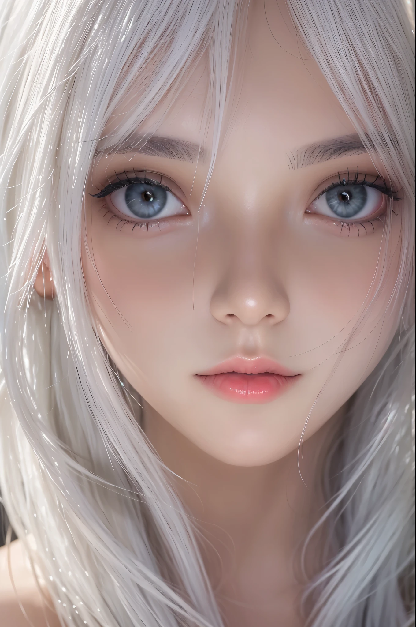Photorealistic, High resolution, 1 Women, Solo, Beautiful eyes, look at viewr, Close lips, Detailed face, White hair, Long hair, black micro-bikini, thong,slender body shape