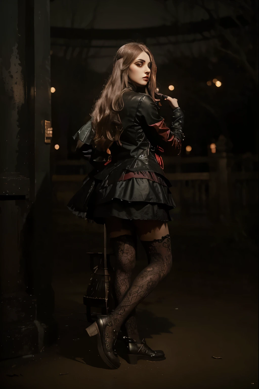 (Best quality, 8k, 32k, Masterpiece, UHD:1.2) "Transform the image into the hauntingly beautiful Moonlit River Park from Identity V. Envision the eerie and atmospheric setting, featuring moonlit pathways, ominous trees, and haunting architecture. Capture the park's mysterious and unsettling aura, incorporating elements such as foggy or mist-covered areas, eerie lighting, and the iconic red carousel. Use a dark color palette to convey the chilling and enigmatic atmosphere of Moonlit River Park, highlighting the essence of Identity V's haunting environment." gothic