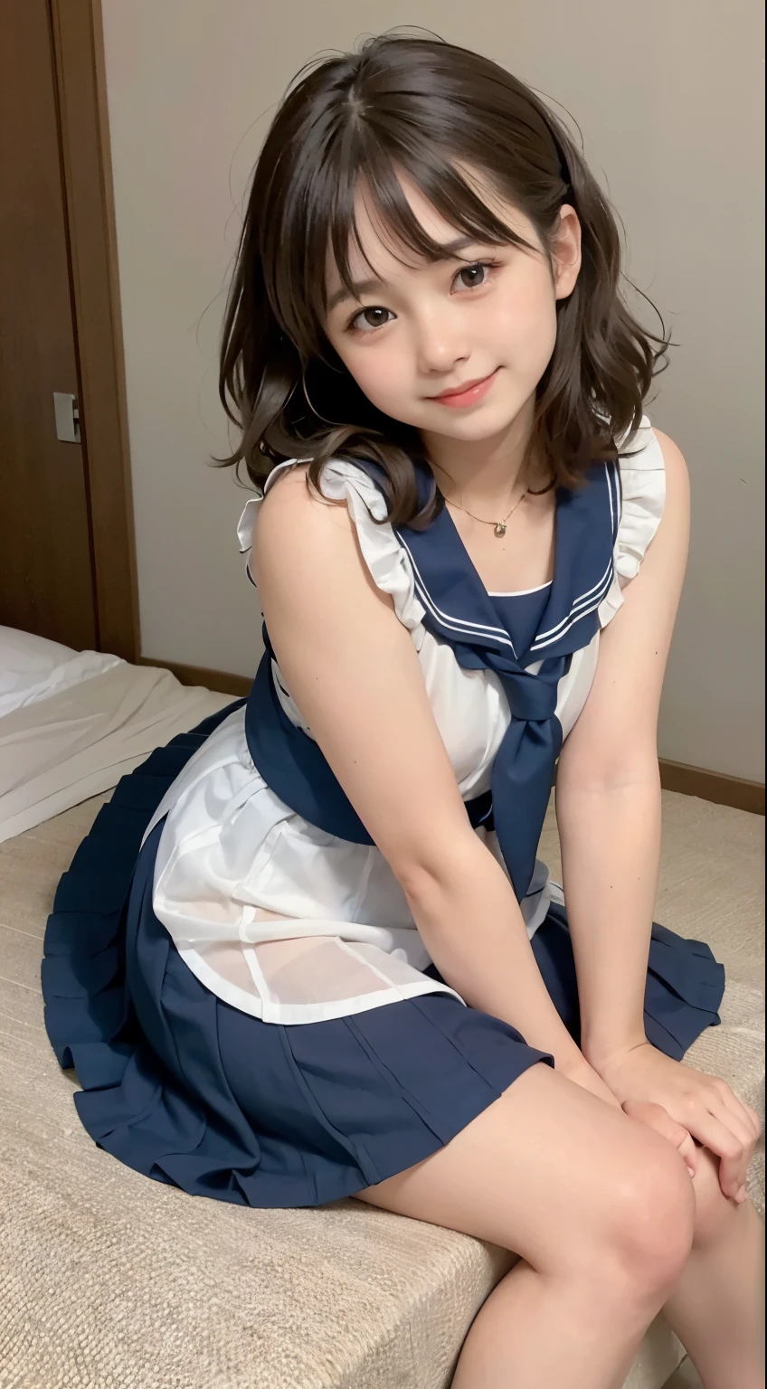 Adorable, 11 year old girl in Japan, (Sleeveless sailor suit:1), Sitting on a cushion, Curly medium hair, hair scrunchie, (Smile :1), (highlydetailed skin:1), (Best Quality:1.0), (超A high resolution:1.0) ,(photographrealistic:1), (ultra-detailliert:1.0), (8k RAW photo:1.1),Looking at Viewer,See-through