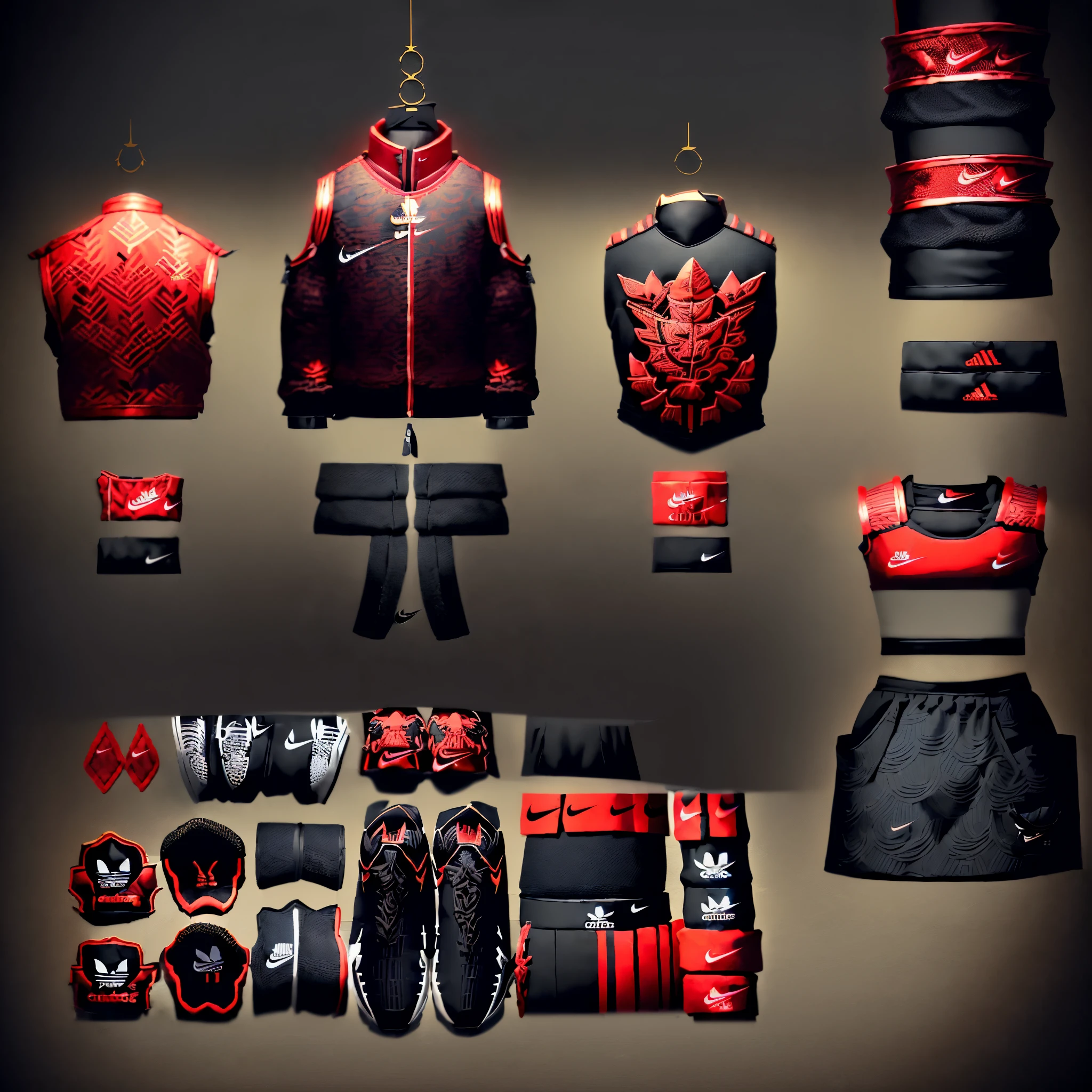 ((NIKE CLOTHING STYLING)), ((ADIDAS CLOTHING STYLING)), ((RED AND BLACK AESTHETIC), FLAMES, clothing and accessories, highly detailed panel cuts, detailed woodcut armor, highly detailed clothing, clothes high detail, highly detailed armor, armor elements, complete detailed body, stylised military clothes, very detailed and rich clothing, full plate armor with cloth, combat mech clothes, detailed space suit