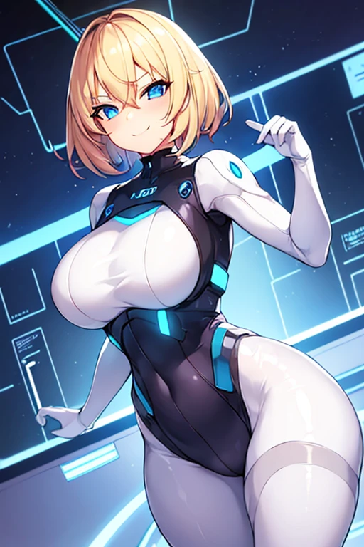 1girl, breasts, wide hips, large breasts, blonde hair, very short hair, blue eyes, smile, smirk, smug, bodysuit, white bodysuit, futuristic, science-fiction, tech, neon, neon trim, black pantyhose, pantyhose, thick thighs