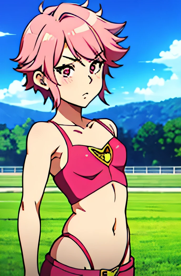 there is a cartoon picture of feminine boy with short pink hair, anime moe artstyle, 1 7 - year - old anime, in an anime style, demon femboy, flat anime style, cute, crossdresser, lewd body, curvy