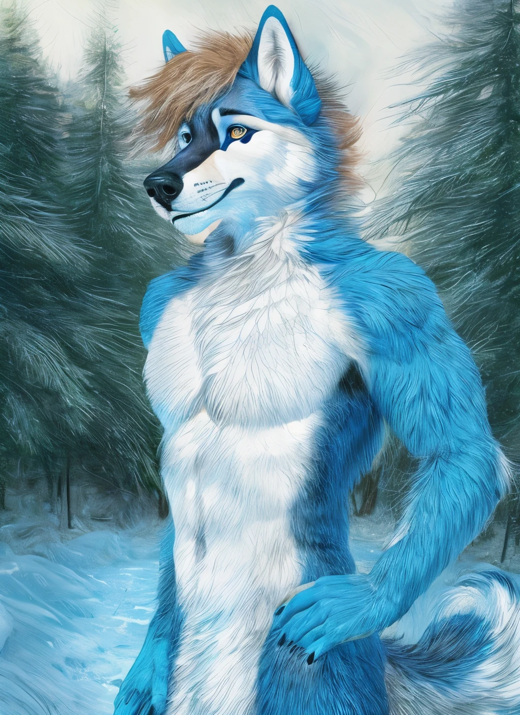 anthro husky man furry in the forest shirtless detailed fur long fur realistic fur digital art