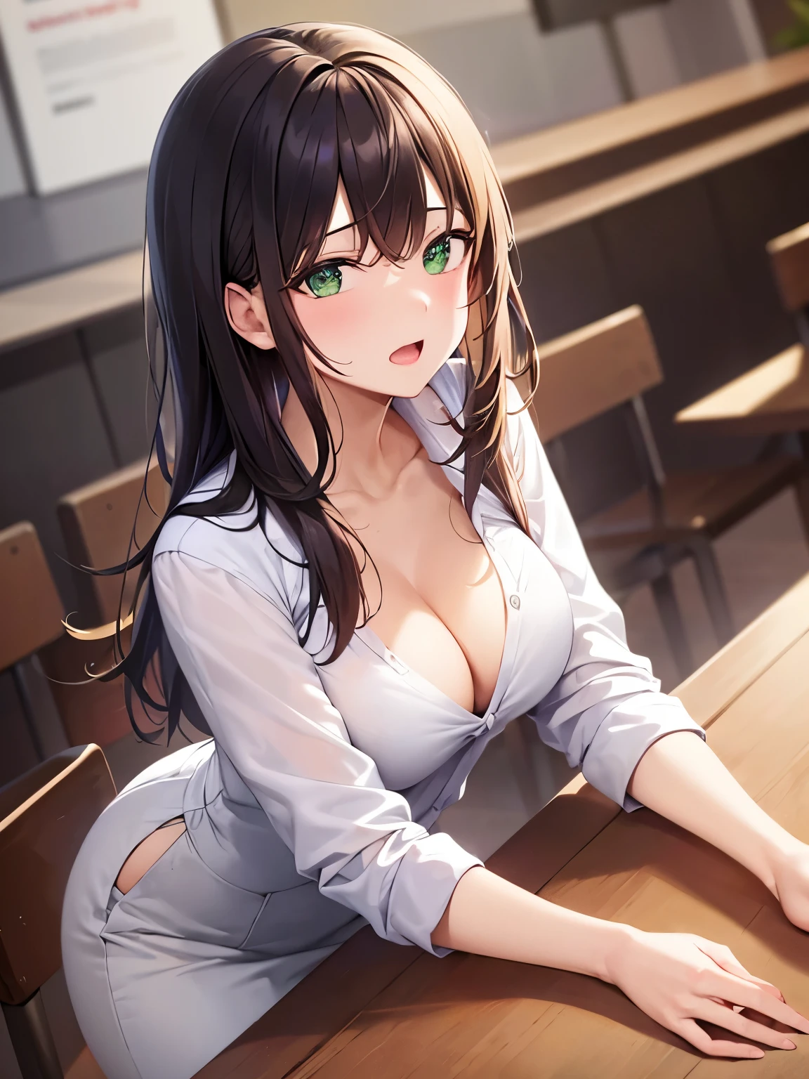 Angle from above, Placing hand on table, High angle, (leaning forward:1.3), Staring、​masterpiece、top-quality、 A 40-year-old green-eyed woman with wavy lobed brown bangs.、Cleavage is visible、Wearing a white blouse、wearing a beige skirt、scared, open mouth, The background is a restaurant、(is standing:1.3)、Bold composition、Alone、