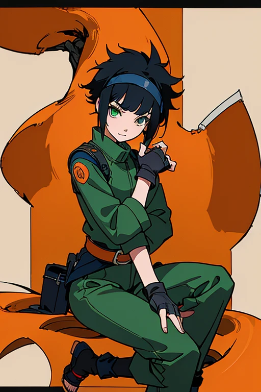 (Masterpiece: 1.5, Best quality, High resolution: 1.3, Super resolution, Super detailed, Ultra detailed: 1.3, Rich background: 1.2, 1 girl)) pale skin + Black hair + green eyes + long lower eyelashes + short bad hair cropped + short messy bangs + pre-teen body + (thigh-length green jumpsuit, black fishnet gloves, short orange fingerless gloves metal plate on left hand, orange belt, blue ninja sandals, sitting on a tree, scrolls and ninja weapons) ((tree leaves falling))