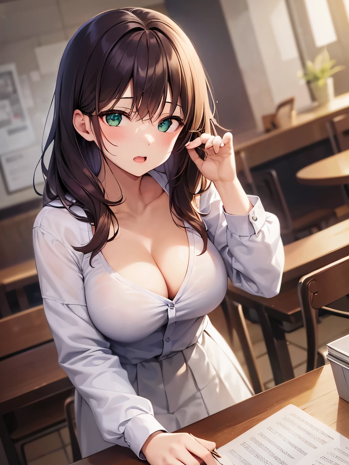 Angle from above, Placing hand on table, High angle, (leaning forward:1.3), Staring、masterpiece、top-quality、 A 40-year-old green-eyed woman with wavy lobed brown bangs.、Cleavage is visible、Wearing a white blouse、wearing a beige skirt、scared, open mouth, The background is a restaurant、(is standing:1.3)、Bold composition、Alone、