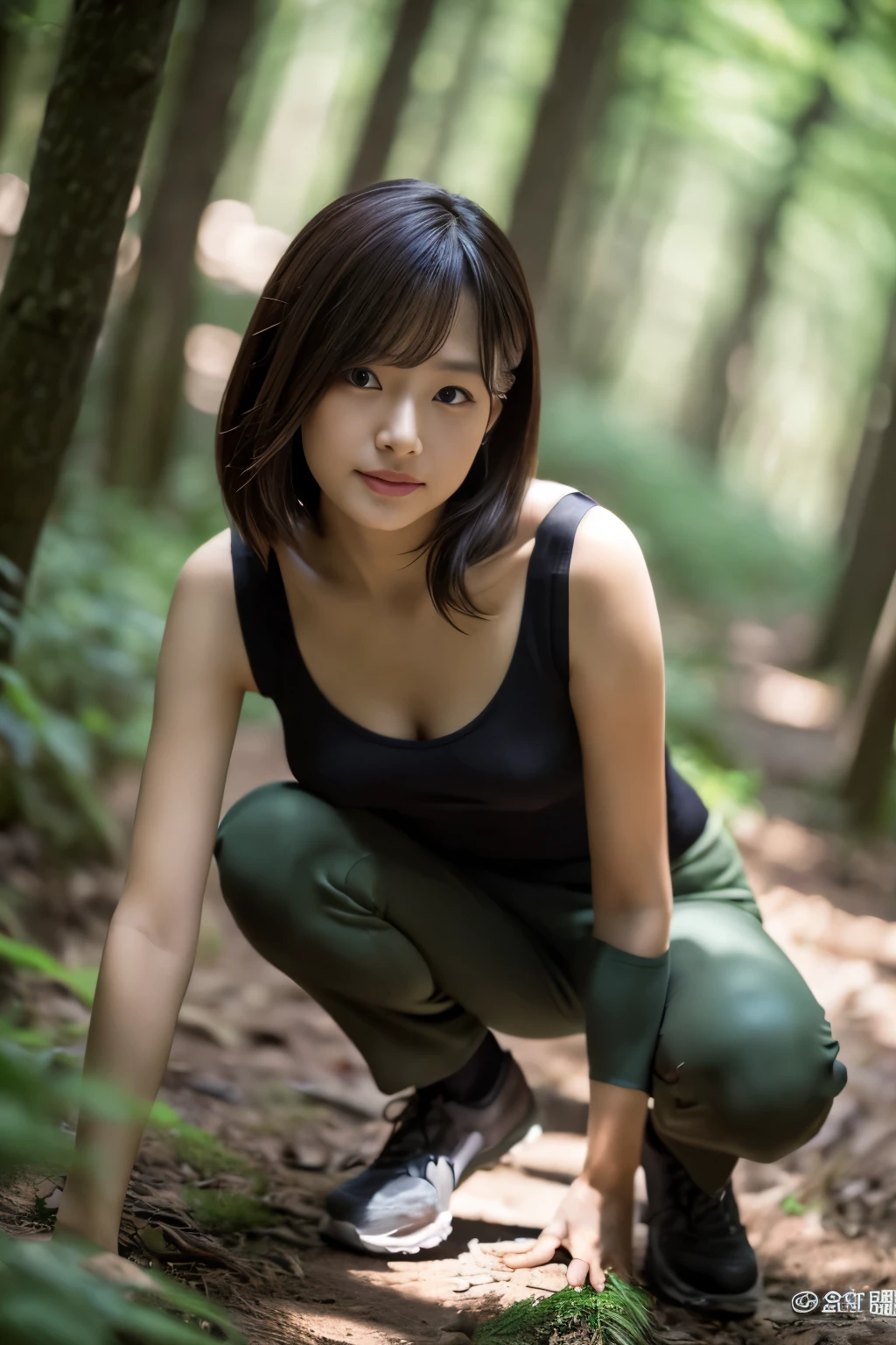 (Best Picture Quality, at 8K, at 32K, Must Piece, Terp:1.2), (1 slender Japanese female, 28 yrs, tall gravure model), dark brown hair, light foreground, deep in dense forest, photon mapping, radiosity, light-dark method:1.3, (High Definition Skin:1.2) (short pants, exposed Shoulders:1. 1), Crouching with legs spread, ((provocative feminine pose)), Top-down view:1.5, Ultra-detailed face
