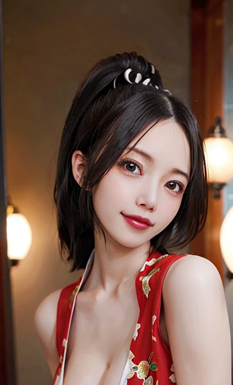 （RAW photogr：1.2），high high quality，Beautiful Meticulous Girl，The blonde，ssmile，Highly detailed eyes and face，beatiful detailed eyes，hugefilesize，A high resolution，8k wallpaper，finely detailled，Highly detailed 8K wallpapers，light in face，cinmatic lighting，japanese beautiful woman，pony tails，a sexy pose，（Photorealsitic：1.4），illustratio，The large，Raised sexy，immensity，gigantic cleavage breasts，Mai shiranui, Full Body