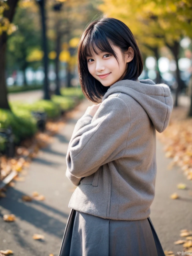 (8k, RAW photo, best quality, masterpiece, ultra detailed:1.2),(realistic, photo-realistic:1.4), upper body shot, (extremely cute Japanese idol:1.2), 20 years old, (detailed skin, detailed face: 1.2), sharp focus, SIGMA 85mm f/1.4., depth of field, blur background, bokeh, cinematic lighting, soft light, pale skin, beautiful brown eyes, naughty smile, seductive, kawaii, looking at viewer, short straight black hair, gray parka, winter coat, random pose, long skirt, park