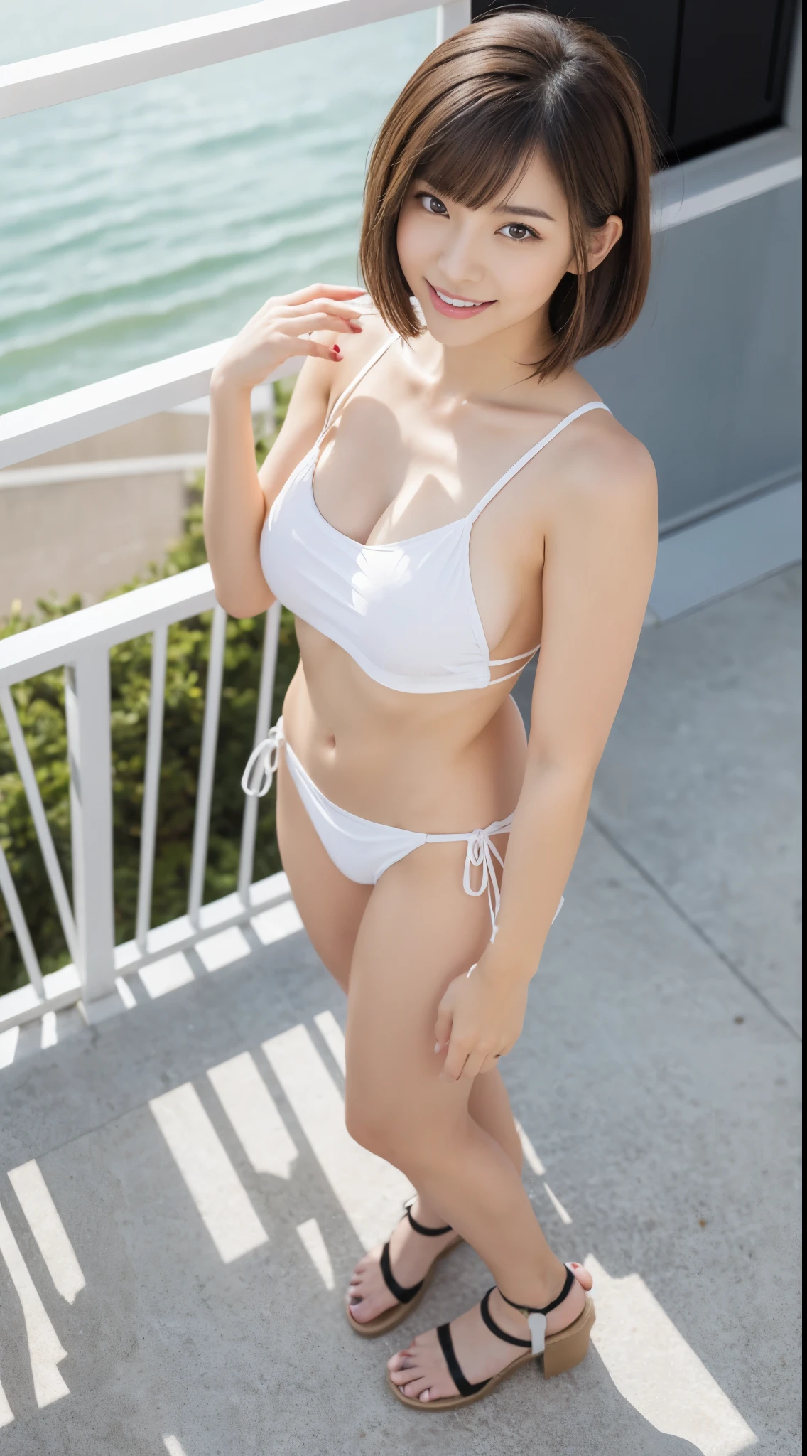 (masutepiece:1.3), High resolution, ultra-detailliert, the Extremely Detailed CG Unity 8K Wallpapers, Realistic, Photorealsitic, Raw photo, beautifull detailed face, pale skin, Realistic skin, Detailed Cloth Texture, detailed hair texture, perfectly proportions, Beautiful face, 准确, Anatomically correct, Highly detailed face and skin texture, Natural neck length, (beautiful hand air skin:1.2), thin legs, Thin feet, Sexy thighs, sexypose,手を准确に:1.4 Break, 手を准确に:1.4 detailed eyes, Symmetrical eyes, Light brown eyes, Double eyelids, Thin eyebrows, (Glossy lips:1.4), (embarrassing smile:1.2), ((Cute wink:1.2)),
BREAK, 明るい金髪とTwin-tailed:1.5
(Classy and cute girl:1.3), (Wearing a micro bikini:1.2), (Wearing a paleo skirt, Trendy sandals:1.1),
(Large breasts:1.2), (Slender figure:1.2), (beautiful curves), (super model),
(Delicate blonde hair, Wavy Hair,Twin-tailed), ((Short hair, asymmetrical bangs:1.2)), (Full body shot:1.2), (Looking at Viewer:1.2), (From above:1.5),
BREAK,
(Standing on the terrace of a seaside hotel in Okinawa:1.2),