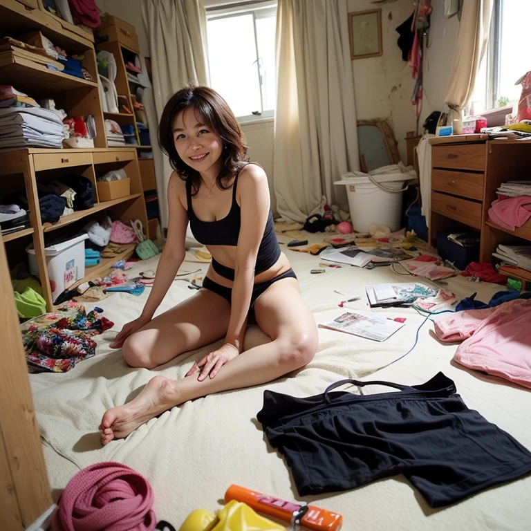 (Top image quality、top-quality、Top resolution、ultra-detailliert、masterpiece)、A MILF、((lean body:1.3))、Messy wavy hair、a smile、Wrinkles at the corners of the eyes、No makeup、(body is tilted:1.2)、Slum house、(Messy room:1.3)、Bras and panties are scattered on the floor.