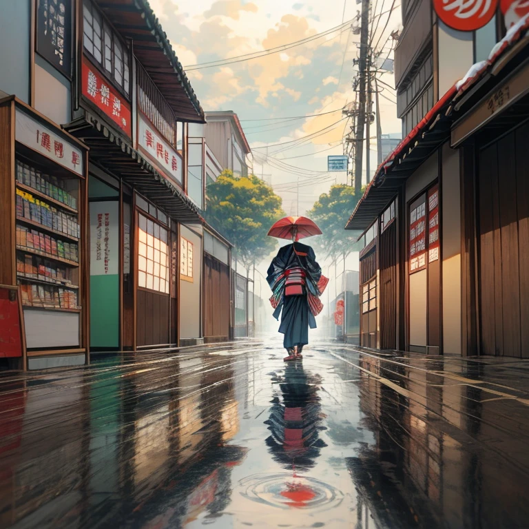 Fundo do anime, 动漫壁纸, anime, estilo anime, ZERO, ZERO style, rua japonesa moderna, arquitetura japonesa moderna, Japanese Convenience Store, big retro japanese placas de loja, Retro Japanese Store, brazi, vegetation, Rochas, Vasos de plantas, placas de loja, Banners japoneses, Sinais japoneses, Sinalizadores, nascer do sol, chuva, chuvaing, heavy chuva, dramatic weather, puddles on the ground, chuva falling from the sky, chuva drops, rua vazia, no one in sight, (no one: 1), best quality, tokyolagii, compacto, ,