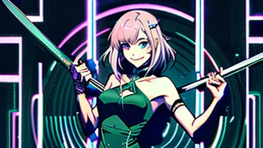 Anime style、Cyberpunk style、There is a sense of dynamism in the pose、wearing a long black dress、Beautiful girl with light pink hair and a smile、hold two swords in hand、Dark interior with blue-green tones、pc wallpaper